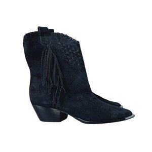 Schutz Alexxa Black Suede Western Boots With Fringe & Metal Toe Caps - Size 8B